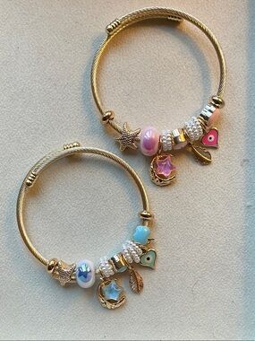 Gold Charm Bangle Bracelet with Pink and Blue Beads - Bundle of 2